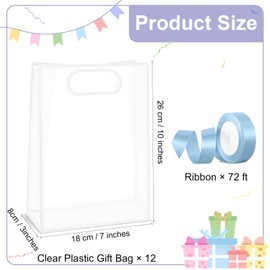 CINSOEN 12 Pcs Clear Plastic Gift Bag with Handle, PVC Gift Bag with Ribbon Bow for Graduation Wedding Bridal Birthday Baby Shower Party, 7 x10 x 3.15 Inch, White and Light Blue