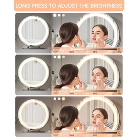 19 Inch Large Vanity Mirror with Lights, Round Led Mirror Makeup Mirror, Lighted Up Makeup Mirror with Lights for Bedroom Tabletop, 360° Rotation, Smart Touch Control 3 Colors Dimmable (Black)