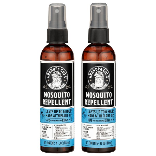 Grandpa Gus's Natural Mosquito Repellent Spray, Time-Release Plant-Based Actives, Non-Greasy, No Stains, No DEET, 4 oz (Pack of 2)