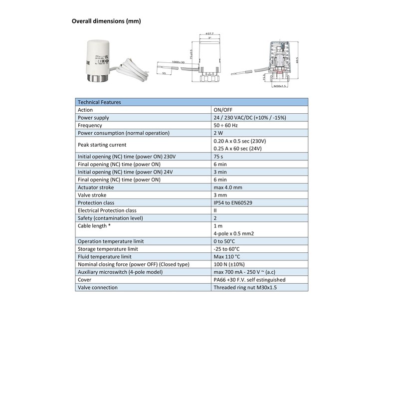 Underfloor Heating Actuator Normally Closed 4 Wire 24V