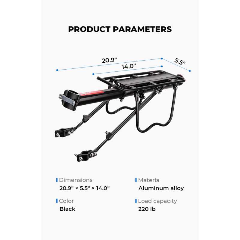 Universal Adjustable Aluminum Alloy Bike Rear Rack Heavy Duty 220lb