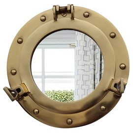 The Metal Magician 10inch Nautical Decor Porthole Wall Mirror, Polished Brass, Mirror for Home, Pirate Decor, Shipwrecked Victorian