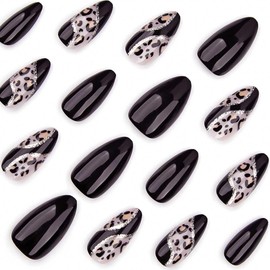RikView Almond Press on Nails Medium Acrylic Nails Black Nails Glossy Full Cover Nails for Women 24 PCs/Set