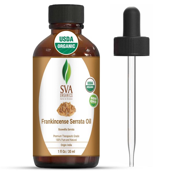 SVA Organics Frankincense Serrata Essential Oil Organic Certified 30 ml (1 fl oz) with Dropper 100% Pure, Natural & Premium Therapeutic Grade for Glowing Skin, Shiny Hair, Aromatherapy & Diffuser