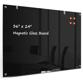 Dry Erase Board Black Magnetic Glass Whiteboard, TANKEE Modern Large Frameless Tempered Glass White Board for Wall, Office, School, Home, 36” x 24”, 3' x 2' White Board