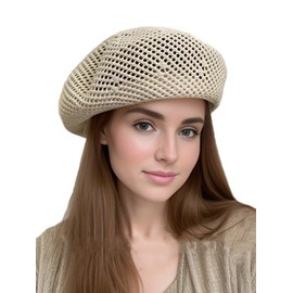 AICHUAN Women Summer French Beret Slouchy Crochet Beret Hats Artist Painters Woven Beach Beanie Hat Beige