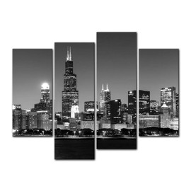 Chicago City 4 Pieces Modern Canvas Painting Wall Art The Picture for Home Decoration View of Chicago Skyline at Night in Black and White Place Cityscape Print On Canvas Giclee Artwork for Wall Décor