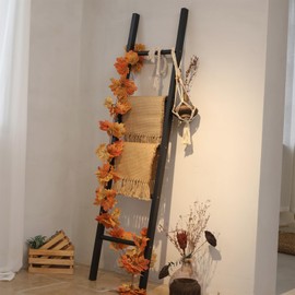 FUIN 6ft Wooden Black Blanket Ladder Living Room Decorative Wall Leaning Farmhouse Quilt Display Holder Rustic Wood Towel Rack for Bathroom