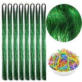 Hair Tinsel Extensions Green 44 Inch Glitter Tinsel Hair Kit Sparkling Fairy Hair Accessories for Women Kids Girls 8 Pcs 200 Strands/Pcs