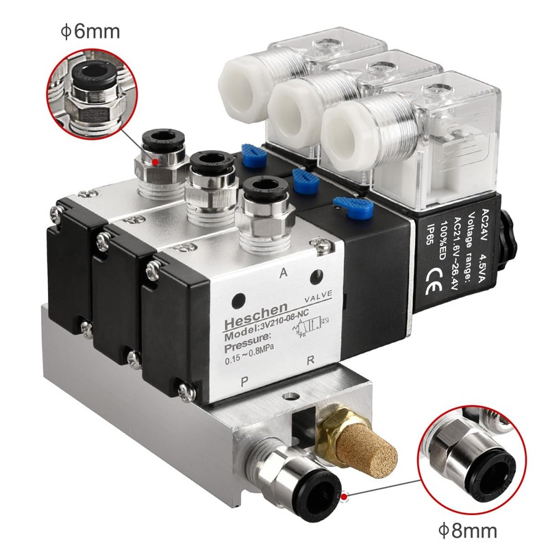 Heschen Electrical Pneumatic Triple Solenoid Valve, 3V210-08, AC24V, PT1/4'' Port,