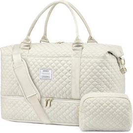 Travel Duffle Bag,Weekender Bags for Women with Shoe Compartment，Carry on Overnight Bag with Toiletry Bag,Gym Duffel Bag with Wet Pocket - Colour: Beige