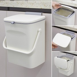 Soddeph 2.4 Gallon Hanging Trash Can with Lid,Wall-Mounted Plastic Compost Bin for Kitchen, Under Sink, Countertop Use, Small Garbage Can for Bathroom, Bedroom, or Office (Cream with Handle)