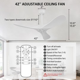 OMYU 42 Inch White Ceiling Fan no Light with Remote Control,ABS Blades,Reversible DC Motor,Timer Setting,Modern Outdoor Indoor Ceiling Fan without Light for Bedroom Living Room Patios Office