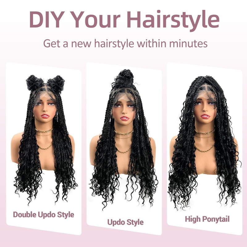 Janyuwool 26" Full Lace Knotless Boho Twist Braided Wigs Full