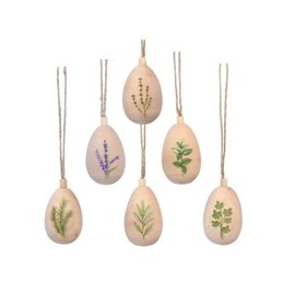 Gisela Graham set of SIX hanging Easter Wood Decorations 5cm - Natural Mini 3D Eggs with herb design