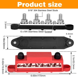 Power Distribution Block Bus bar 4 x 1/2" Posts, 6 x #8 Screws Terminals, 12V 250A (Red & Black)