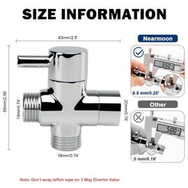 NearMoon Solid Brass G1/2" Shower Arm All Metal Universal 3-Way Diverter Valve for Handheld and Fixed Head, Replacement Component Adapter (Chrome Finish)