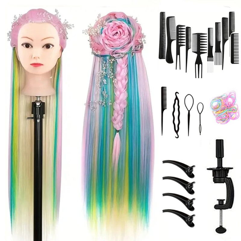 24-Inch Hairdressing Mannequin Head with Synthetic Fiber Hair – Styling,
