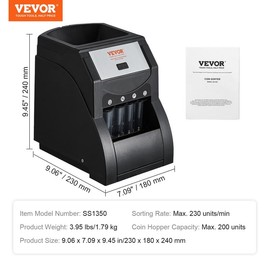 VEVOR USD Coin Sorter, Various specifications, Coin Sorter Machine for USD Coin 1￠ 5￠ 10￠ 25￠, Sorts up to 230 Coins/min, Coin Sorter and Wrapper Machine Holds 200 Coins Included 4 Coin Tubes, Black:_230 pcs