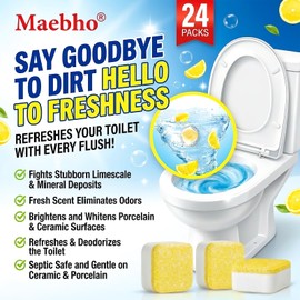 Maebho Toilet Bowl Cleaner Tablets – Deodorizer & Septic Safe, Odor Eliminator, Stain Remover for Long-Lasting Freshness – Fresh Lemon Scent 24 Pack