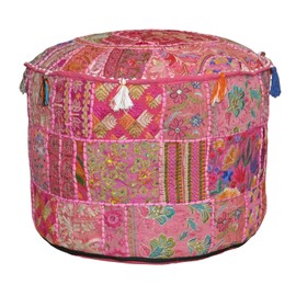 Rajasthali Indian Comfortable Floor Cotton Cushion Ottoman Cover Embellished With Patchwork and Embroidery Work, 58 X 33 Cm
