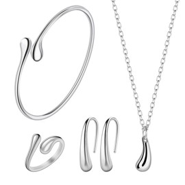 Double Ideal 4PCS Silver Jewelry Set for Women Teardrop Pendant Necklace Earrings Bracelet Ring Fit with Party Meeting Dating Wedding Holiday gift Birthday Gift