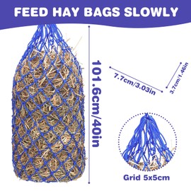 WIYETY Large Hay Net for Horses: Feeding Net with Rings and Carabiner Hook, Hay Net for Horses 100 cm, Mesh Size 5 x 5 cm, Hay Net Horse Hay Bag for Horses, Blue