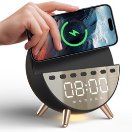 HOURUNTAIL Digital Alarm Clock with 15W Wireless Charging with Warm White Light, 5 Calming Tones/White Noise, Double Alarm Clock for Bedroom, Late Risers, Adult/Kids (Black)