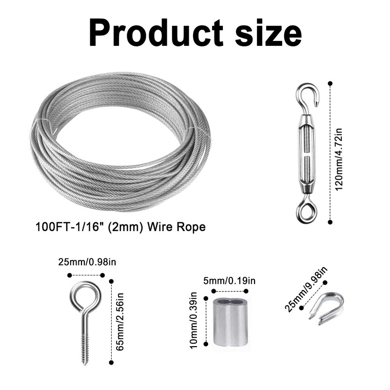 M5 Turnbuckle Rope Wire Tensioner Kit,100ft 1/16