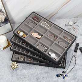 Set of 4 Stackable PU Leather Jewelry Organizer Trays, Jewelry Display Storage Box Showcase Holder Dresser Drawer Organizer for Earring Necklace Bracelet Ring Accessary (Black)- MK212-1ABCD
