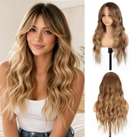 Long Dark Blonde Wavy Wig with Curtain Bangs for Women Synthetic Wig