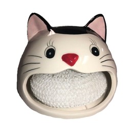 Home Essentials and Beyond CAT Scrubby Ceramic Holder with Scrubbie Sponge Kitchen Sink Scouring Pad NEW