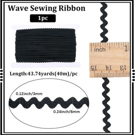 GORGECRAFT 44 Yards RIC Rac Rick Rack Trim 1/8 inch Rickrack Lace Wave Ribbon Zig Zag Black Wave Bending Fringe Lace Trim S Shaped Woven Braided Fabric for Sewing DIY Crafts Wedding