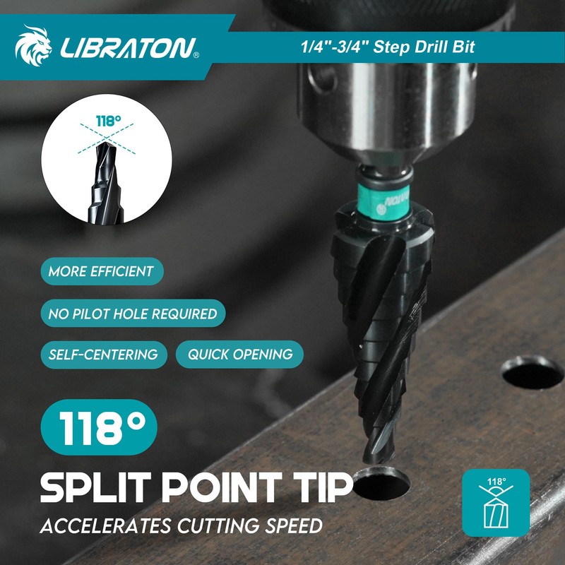 LIBRATON Four Spiral Flute Step Drill Bit, M35 Cobalt Unibit