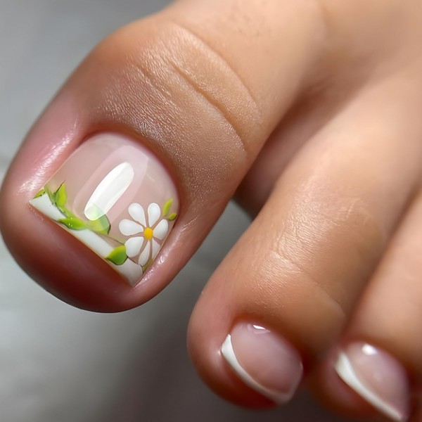 French Tip Press on Toenails with White Flower Design Short