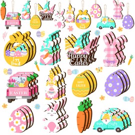 36 Pcs Happy Easter Wooden Ornaments Easter Tree Cutouts Wooden Egg Gnome Bunny Carrot Basket Hanging Ornaments Wooden Slice Decorations with Rope for Easter Party Classroom Home Decor (Bunny Style)