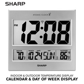 Sharp - Reloj atómico – Precisión atómica – Nunca necesita configuración. -Silver Tech Style - Números gigantes de 3 pulgadas fáciles de leer - visualización de temperatura para interiores y