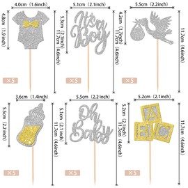 30 piezas de adornos para magdalenas de bebé con purpurina, es un niño, para corbatas, biberones de bebé, decoración de tartas para revelar género, baby shower, niños, suministros para fiestas de cumpleaños, color plateado