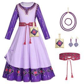YOSICIL Asha Girls' Costume, Asha Princess Costume, Wish Asha Birthday Dress, Asha Clothing Set, Belt, Bags, Necklaces, Bracelets, Earrings, Cosplay Party, Purple, 100