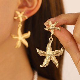 ALRNBY Gold Starfish Earrings for Women Dainty Double Starfish Drop Dangle Earrings Trendy Statetment Boho Jewelry Gift