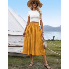 Zeagoo Womens Casual Boho Skirt Polka Dot High Waist Pleated A-Line Swing Midi Skirts with Pockets Yellow M