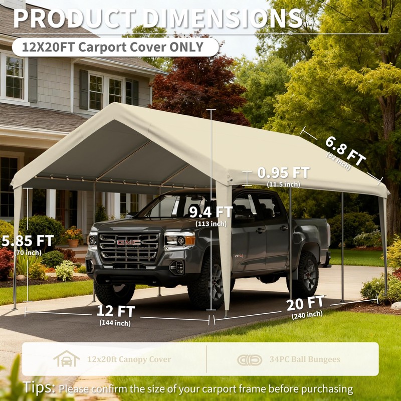 12'x20' Carport Replacement Canopy Cover,Waterproof & UV (Only Top Cover)