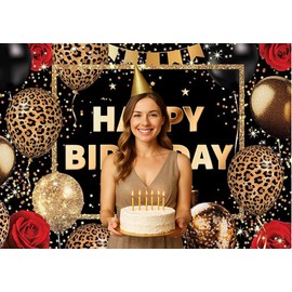 Dudaacvt Happy Birthday Backdrop Leopard Photography Background for Adult Leopard Birthday Party Banner Gold Leopard Birthday Photography Background Banner 7x5ft