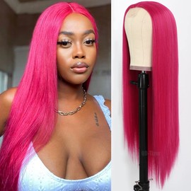 QD-Tizer Hot Pink Wig Long Straight Hair Red Pink Color Natural Hair Line Wigs for Fashion Women Heat Resistant Synthetic Hair Wigs