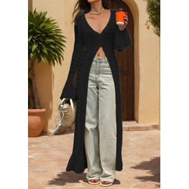 NRTHYE Women Long Crochet Cardigans Button up Knit Hollow Out Elegant Duster Sweaters Cover Up Maxi Dress