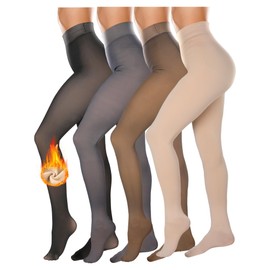 4 Pieces Fleece Lined Tights Women Leggings Fake Translucent Warm Tights Sheer Thermal Tights Winter Stockings for Women Girl (Black, Nude, Coffee, Gray)