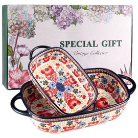 Ceramic Baking Dish Set of 2 – Decorative Polish Pottery Style Casserole Dishes with Handles, Cute Oven-Safe Lasagna Bakeware Gift Set（Ruby Poppy）