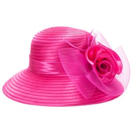 Lawliet Ladies Womens Satin Dress Church Wedding Occasion Wide Brim Feather Sun Formal Royal Ascot Hat(Hot Pink)