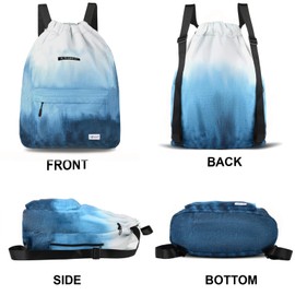 Risefit Drawstring Gym Bag Swim Bag School PE Kit Bags Waterproof Gym Backpack Beach Bags with Wide Straps Children Adults (Blue white)