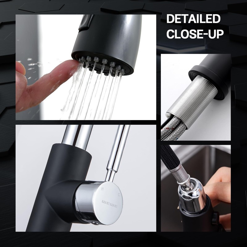 WEWE Kitchen Sink Faucet, Pull Down Kitchen Faucet, Black and